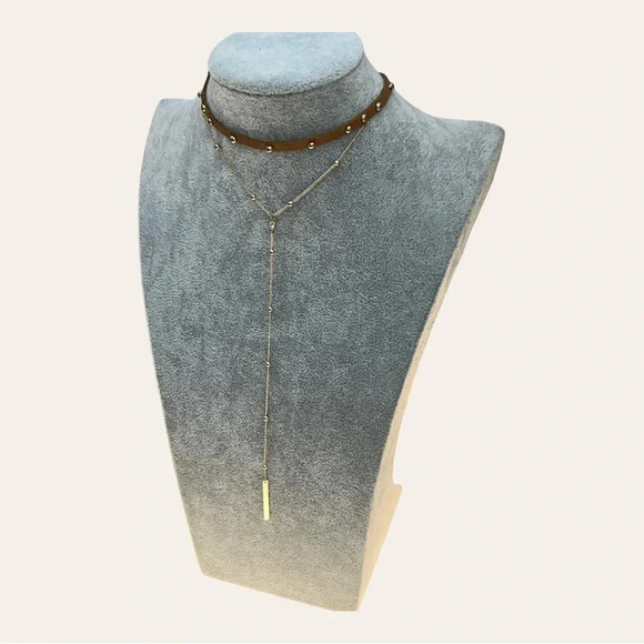 REVOLVE X ETK BY ETTIKA CHOKER NECKLACE FAUX SUEDE WITH STUDS/GOLD ACCENT DANGLE - Picture 10 of 13